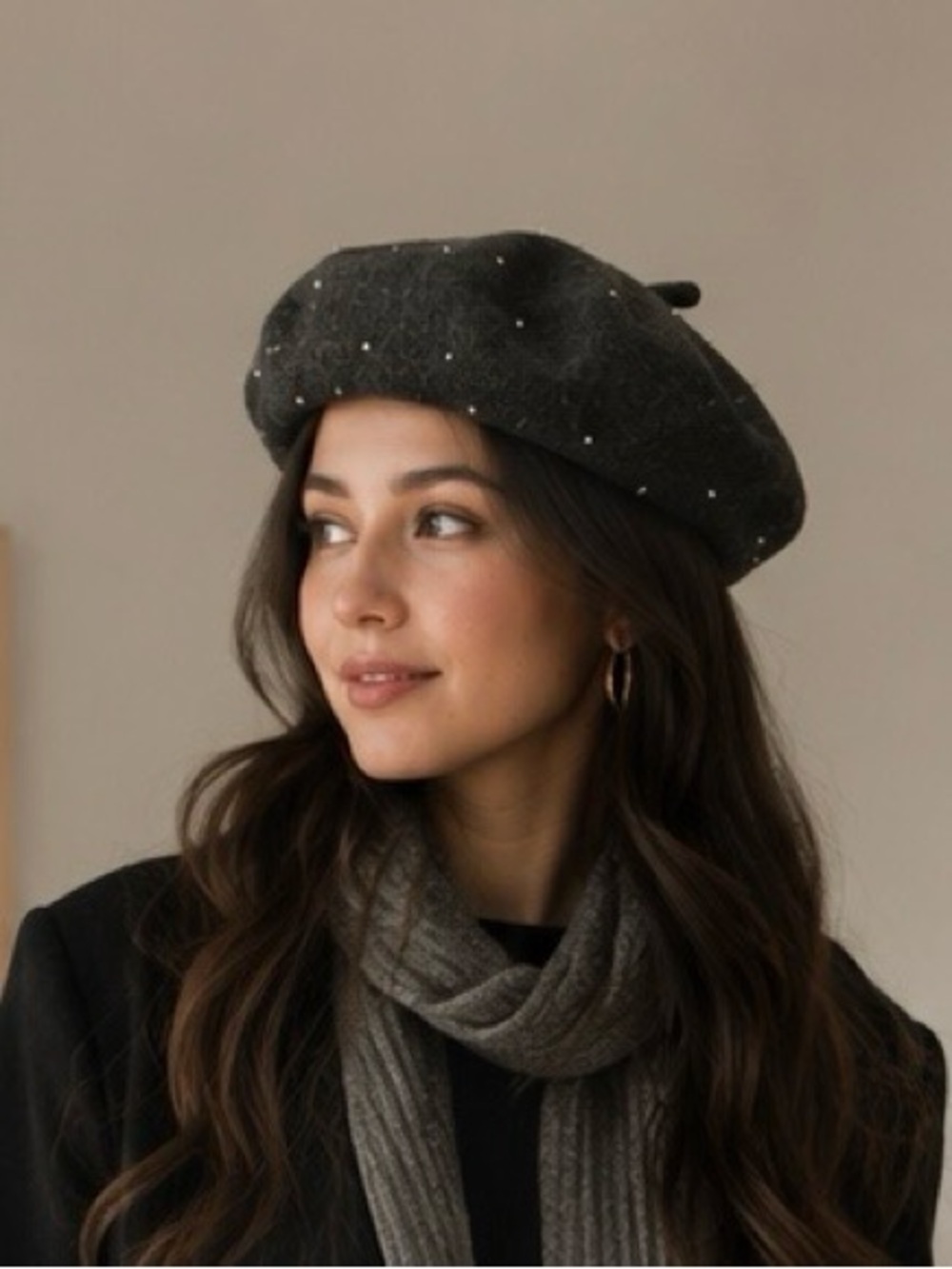 Charcoal Pearl-Embellished Wool Beret